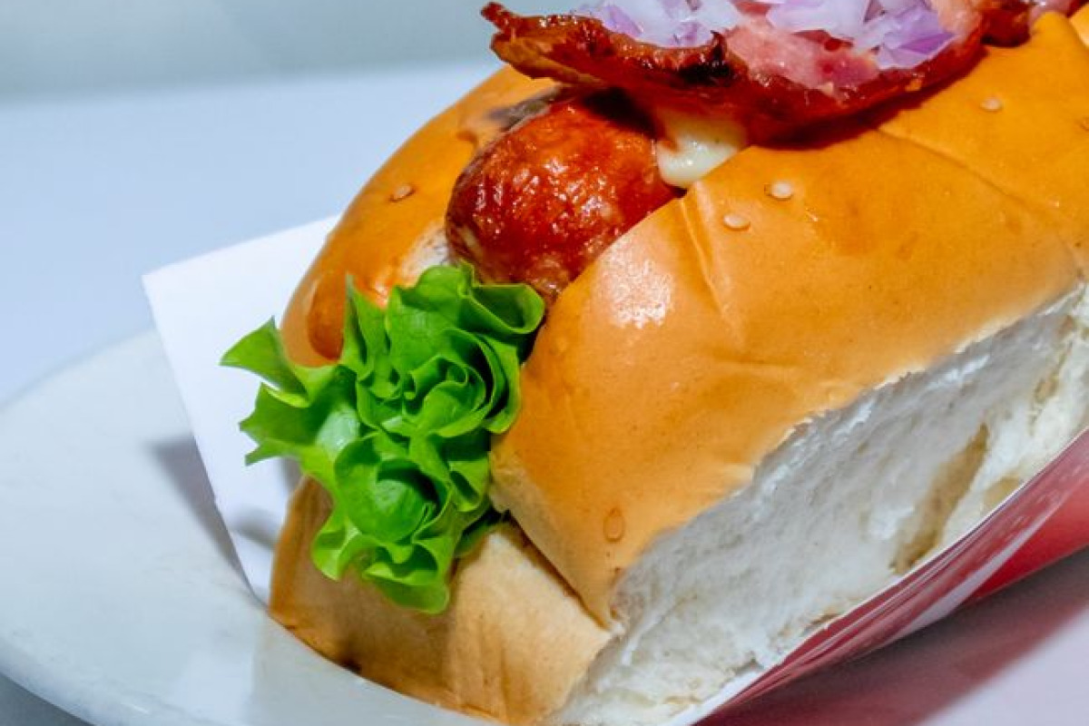 Hot-dog appétissant garni de bacon et d'oignons, servi sur une assiette Hot-dog appétissant garni de bacon et d'oignons, servi sur une assiette